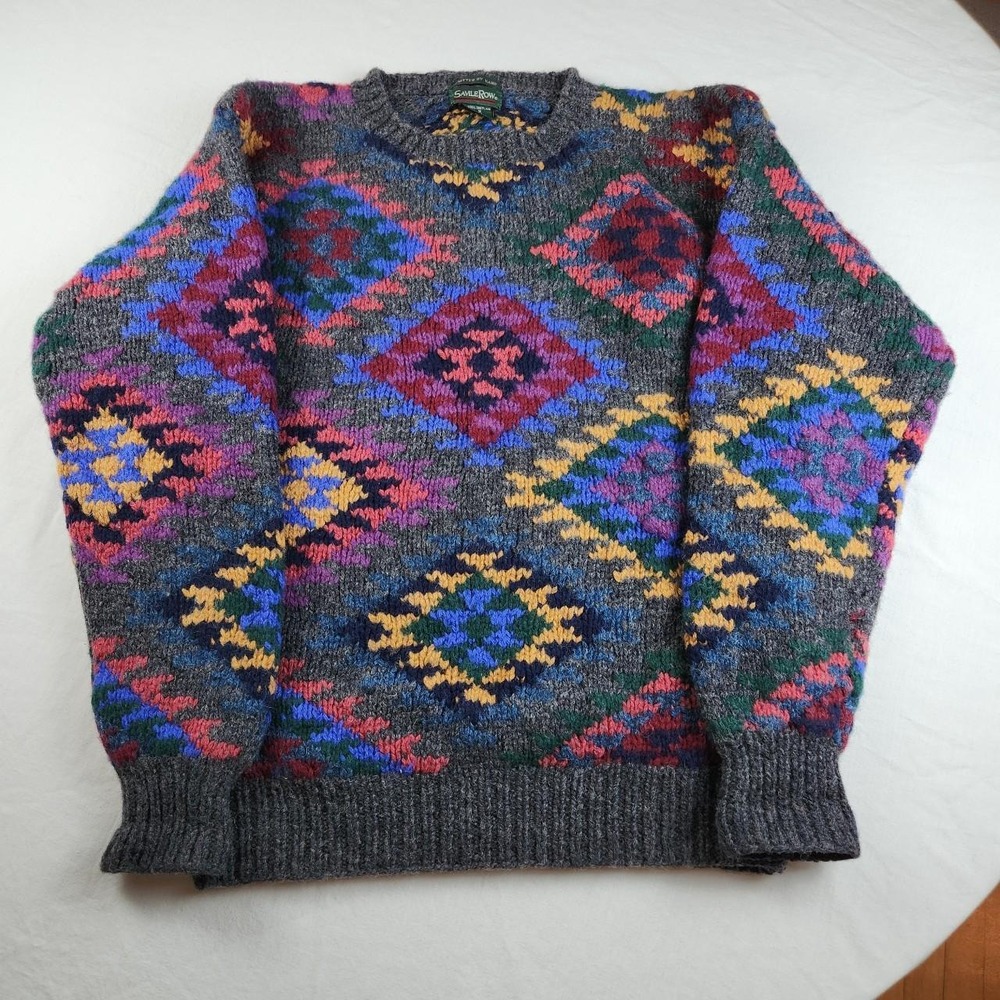 Savle Row Shetland Wool Diamond Pattern Knit Sweater Grey Multi Size S
